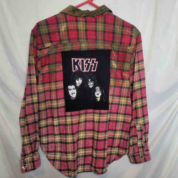 Metal Band Upcycle Flannel Shirt Vintage Palmettos Size Large Red Green - Picture 1 of 12